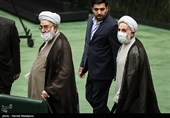 ورود حجت‌الاسلام علی‌اکبر ناطق نوری و حجت‌الاسلام محمدی گلپایگانی رئیس دفتر مقام معظم رهبری به مراسم افتتاحیه یازدهمین دوره مجلس شورای اسلامی