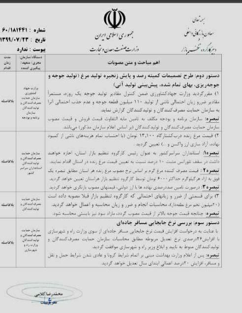 قیمت مرغ , ستاد تنظیم بازار , 