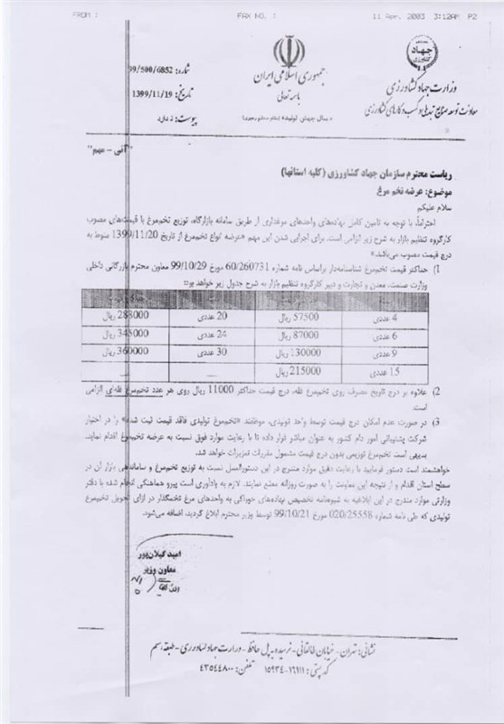 قیمت تخم مرغ , وزارت جهاد کشاورزی ,