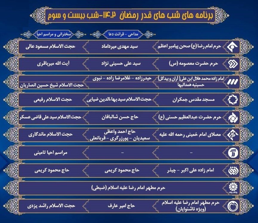 شب‌های قدر , تلویزیون , شبکه 4 , شبکه یک , شبکه دو , شبکه سه سیما , شبکه پنج , شبکه قرآن , شبکه افق , صدا و سیما , 