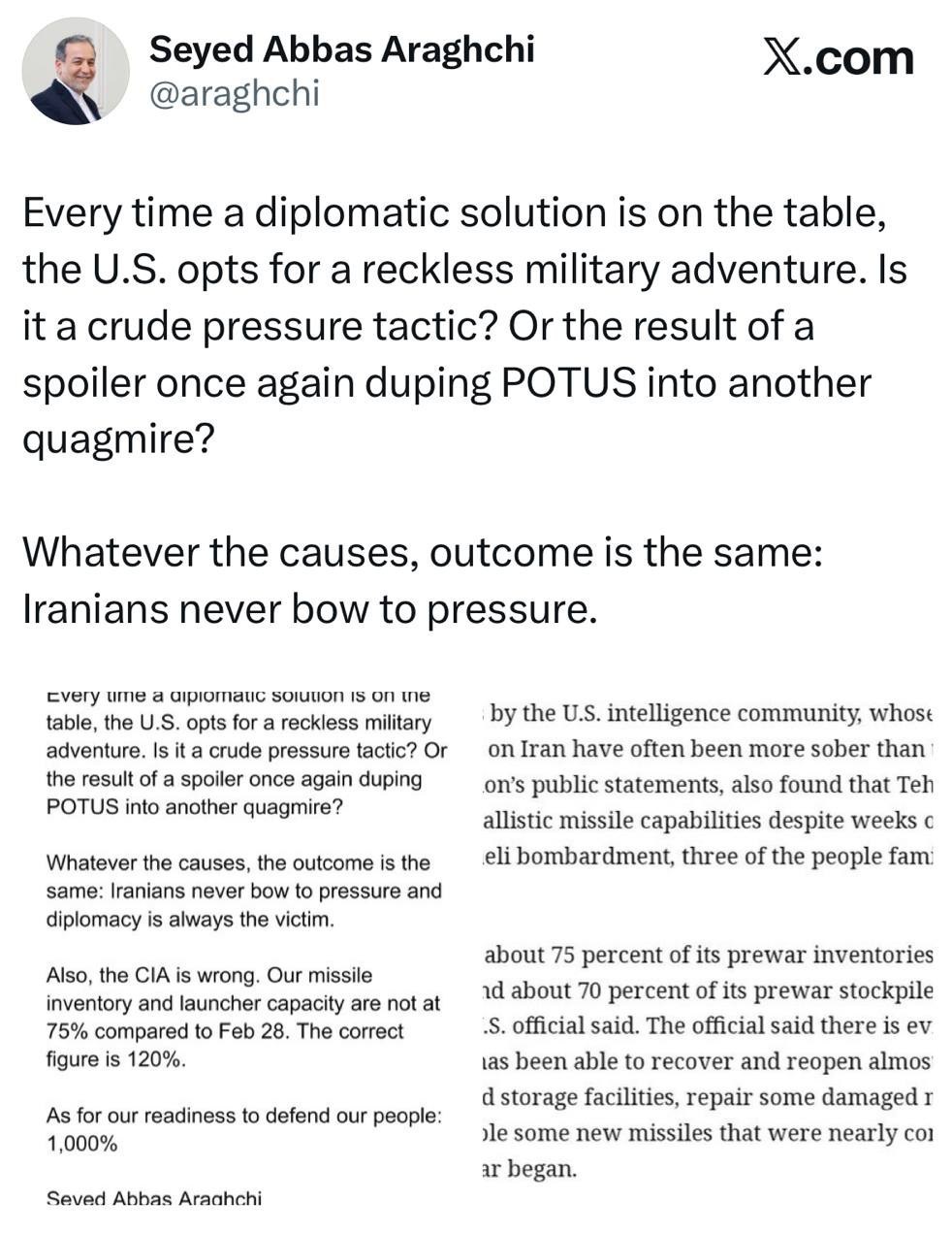 جمهوری اسلامی ایران , سید عباس عراقچی , جنگ آمریکا و رژیم صهیونیستی علیه ایران , 